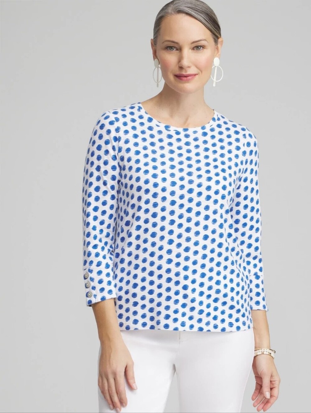 Chico's 3/4 Sleeve Top with Blue Polka Dot Print